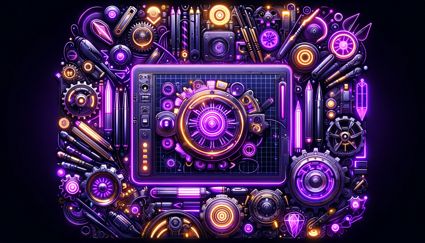 Dynamic purple neon steampunk-inspired hero image for Newark Graphic Design, featuring digital design tools and Victorian motifs.